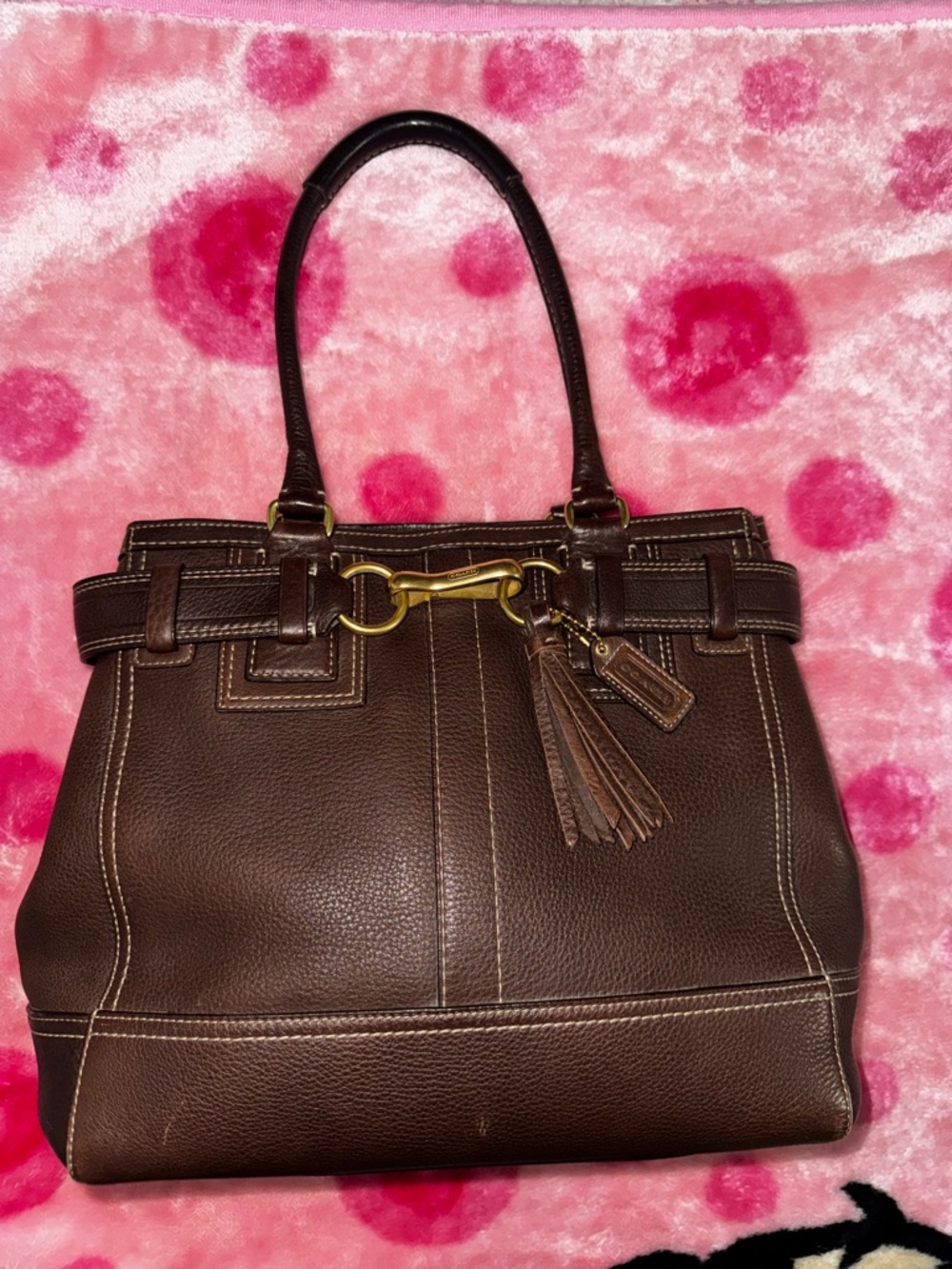 Coach Dark Brown Leather Tote with Gold Hardware and Tassel